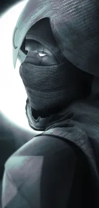 This phone live wallpaper features an intriguing close-up of a masked mystic ninja, engulfed in shadows with a high-res render capturing every detail of the digital art