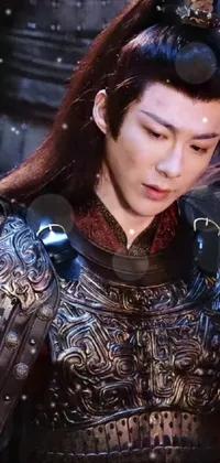 This live wallpaper showcases a dramatic image of a person wearing a costume, with a strong jawline and long hair