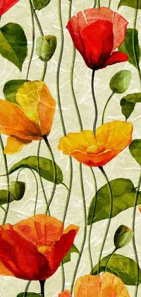 This lively phone wallpaper features a striking art nouveau image of vibrant red and yellow flowers