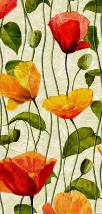 This phone live wallpaper features a stunning digital painting of red and yellow flowers in an art nouveau style