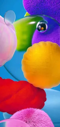 This live wallpaper for mobile phones features colorful stuffed animals arranged in a pattern inspired by color field art