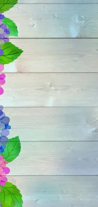 Enhance your phone's background with this stunning live wallpaper featuring a wooden backdrop adorned with beautiful flowers and leaves