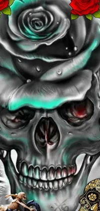 This live wallpaper features a striking digital art drawing of a skull with detailed roses adorning its head