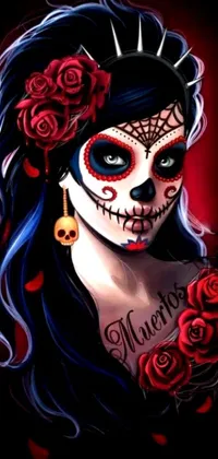 This gothic live wallpaper features a mysterious woman with day of the dead makeup and roses in her hair