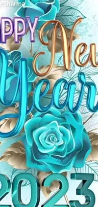 This live wallpaper features a colorful happy new year card design with a rose and blue and cyan tones