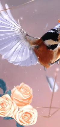 This stunning phone live wallpaper features a beautiful digital rendering of a bird flying next to a bunch of flowers