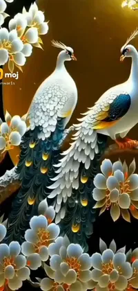 This live phone wallpaper depicts two peaceful peacocks perched on a branch with blooming flowers in the background
