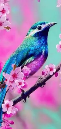 Looking for a fun and vibrant phone live wallpaper that will make your screen pop? Check out this colorful bird sitting on a tree branch! This digital art piece features teal and pink hues with iridescent accents that add a touch of whimsy