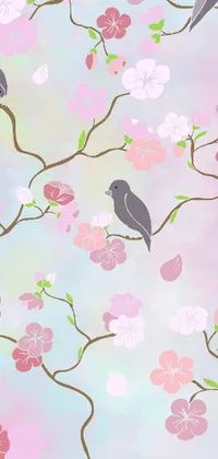This phone live wallpaper features sweet birds resting on a tree branch, surrounded by mesmerizing cherry blossom rain art