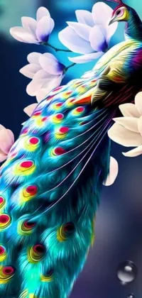 This live phone wallpaper showcases a digital art rendering of a colorful peacock perched on a flower