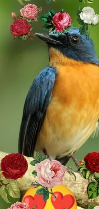 This fascinating phone live wallpaper showcases a stunning digital rendering of a blue and orange bird perched on top of a tree branch