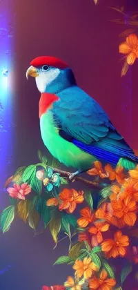 This phone live wallpaper boasts a stunning digital painting of a colorful bird resting on a tree branch