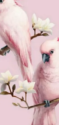 This beautiful live wallpaper showcases two delightful pink birds sitting atop a wooden branch, set against a pastel pink backdrop