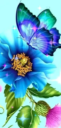 Get this stunning Live Wallpaper featuring a beautiful blue flower with a butterfly perched on it for your phone