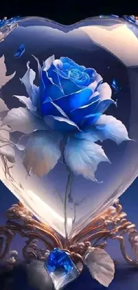 This stunning live wallpaper showcases a glass heart with a blue rose at its center, making for a captivating visual experience