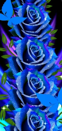 This stunning phone live wallpaper features a group of blue roses with green leaves in a digital painting style