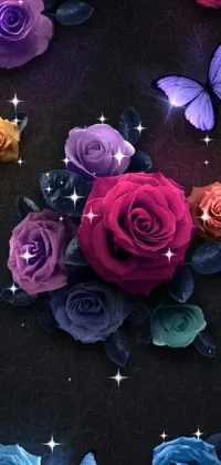 This stunning phone live wallpaper features a vibrant bouquet of multi-colored roses contrasted against a black background, complete with delicate butterfly animations