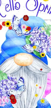 This mobile live wallpaper features a cute digital rendering of a gnome surrounded by vibrant flowers and butterflies
