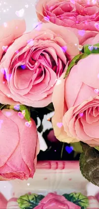 This mobile live wallpaper showcases a stunning vase filled with a vibrant bouquet of pink roses, creating a warm and inviting atmosphere