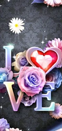 Add a touch of magic and romance to your phone screen with this stunning live wallpaper featuring the word "love" surrounded by purple and red flowers and fluttering butterflies