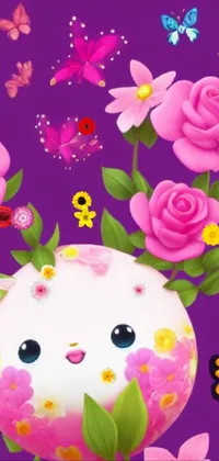 This phone live wallpaper features a serene white feline encompassed by a vibrant pink flower garden with fluttering butterflies
