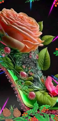 This live phone wallpaper is a beautiful close-up of a shoe adorned with a lovely flower on top, set against a stunning green liquid background