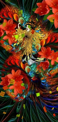 This live phone wallpaper showcases a stunning avian portrait surrounded by enchanting floral details, crafted using digital art methods