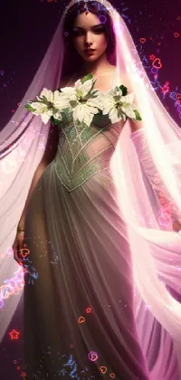 This stunning live phone wallpaper features a gorgeous bride adorned in a wedding dress holding a bouquet of lilies while draped in green and pink veils