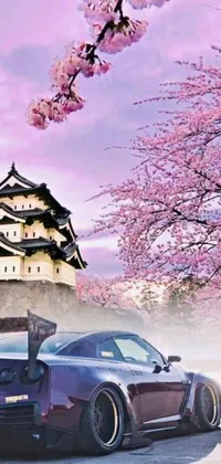 This beautiful phone live wallpaper features a luxurious purple sports car parked in front of a grand castle