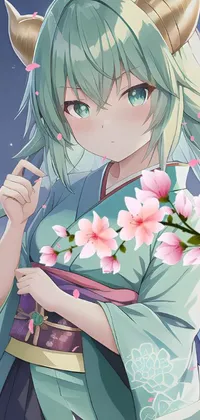 Our phone live wallpaper features an enchanting anime drawing of a green-haired woman wearing a traditional kimono