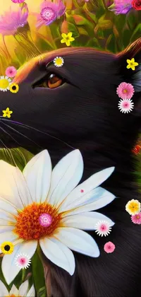 This stunning phone live wallpaper depicts a digital painting of a black lioness in a colorful flower field
