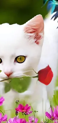 This impressive mobile live wallpaper boasts a stunning digital painting of a lovely white cat carrying a red rose in its mouth