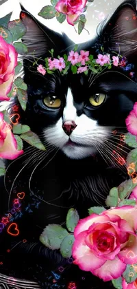 This lively phone wallpaper features a black and white cat surrounded by gorgeous pink roses, alongside furry and digital art depicting a joyful collection of emojis