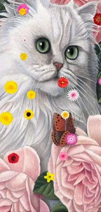 Discover a beautiful live wallpaper for your phone featuring a white Persian cat, surrounded by blooming pink roses and a delicate butterfly
