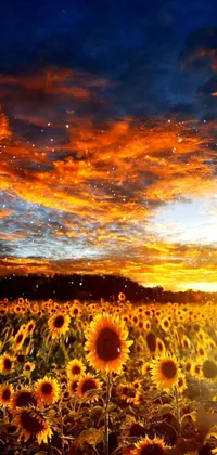 This live wallpaper for your phone shows a scenic field of sunflowers in full bloom set against a beautiful sunset, creating a breathtaking natural image