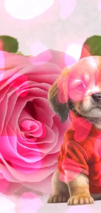 This phone live wallpaper showcases the romanticism of a dog sitting next to a pink rose while surrounded by snow