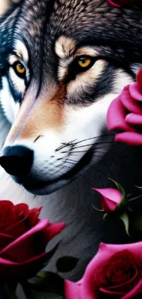 This live phone wallpaper showcases an magnificent image of a wolf surrounded by vibrant roses