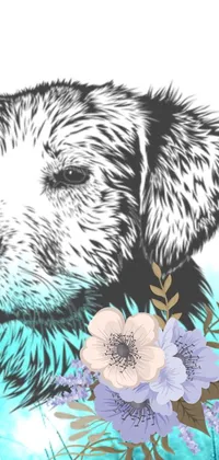 This live wallpaper depicts a golden retriever with flowers on its fur in vector art style