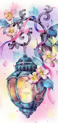 This live wallpaper features a stunning watercolor painting of a lantern adorned with beautiful flowers, in a Japanese-influenced arabesque style