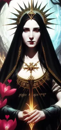 This stunning gothic live wallpaper depicts a fierce warrior woman holding a sword