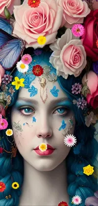 This eye-catching phone wallpaper features a mesmerizing woman with gorgeous blue hair and delicate flower adornments