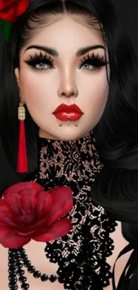 This live wallpaper design showcases a beautiful woman with a rose in her hair, wearing delicate lacey accessories