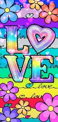 Add a pop of color to your phone screen with this vivid and lively live wallpaper featuring a digital rendering of a flower-filled background and the word "love" in bold letters