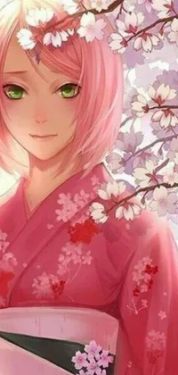 This stunning live wallpaper features a serene woman wearing a pink kimono and a pink flower in her hair