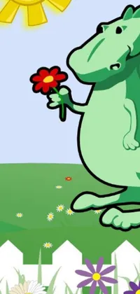 Get a cute and fun live wallpaper featuring a cartoon dinosaur holding a flower on a green lawn
