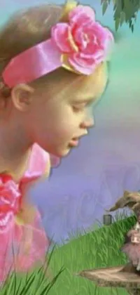 This mobile live wallpaper depicts a cute young girl wearing a pink dress gazing at a colorful bird in a whimsical, dreamy airbrush painting style