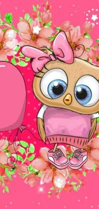 This cute live wallpaper depicts a delightful owl holding a heart on a pink backdrop