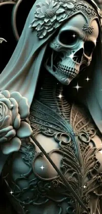 This gothic live wallpaper features a detailed statue of a woman holding a rose