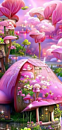 This lively phone live wallpaper features a stunning pink mushroom house set in the center of a charming lake