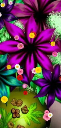 This phone live wallpaper showcases a vase filled with purple and green flowers in a neon color aesthetic